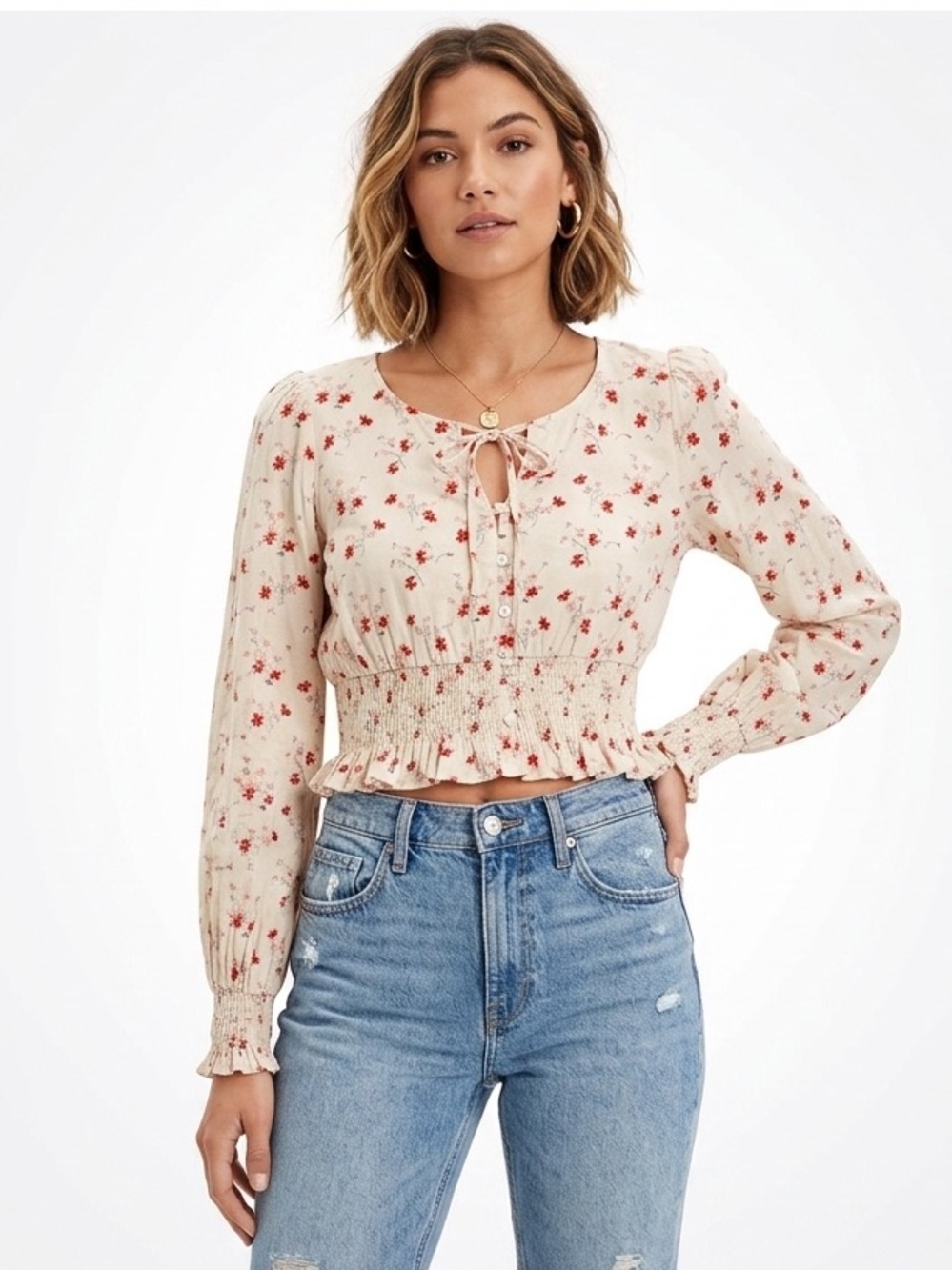 American Eagle Smocked Long Sleeve Floral Top With Ruffle Trim Size Extra Small